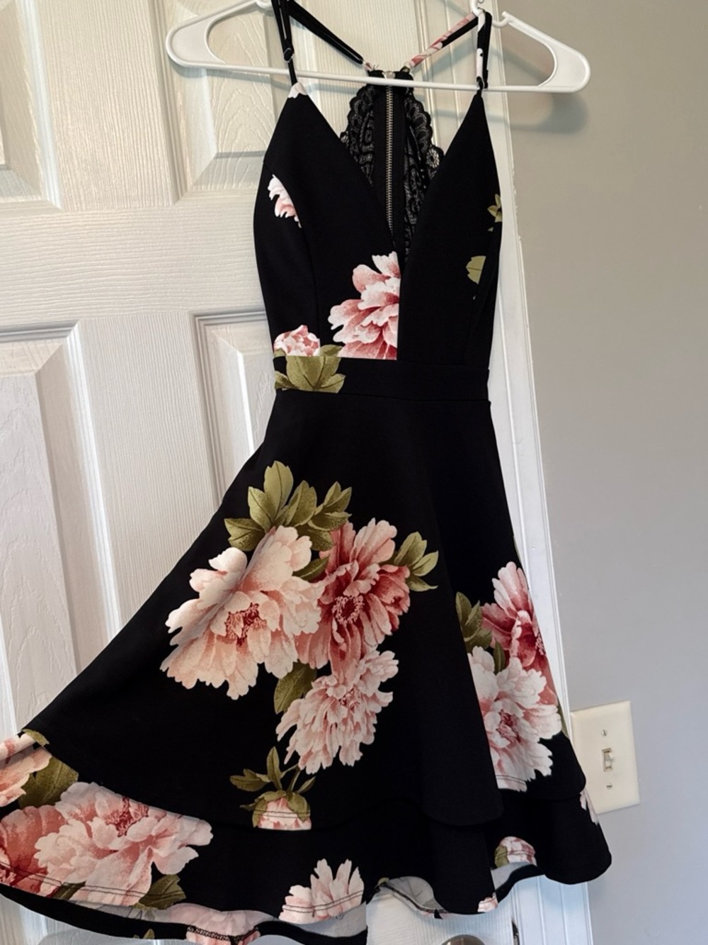 Floral Black Fit-and-Flare Dress with Lace Back - Picture 1 of 5